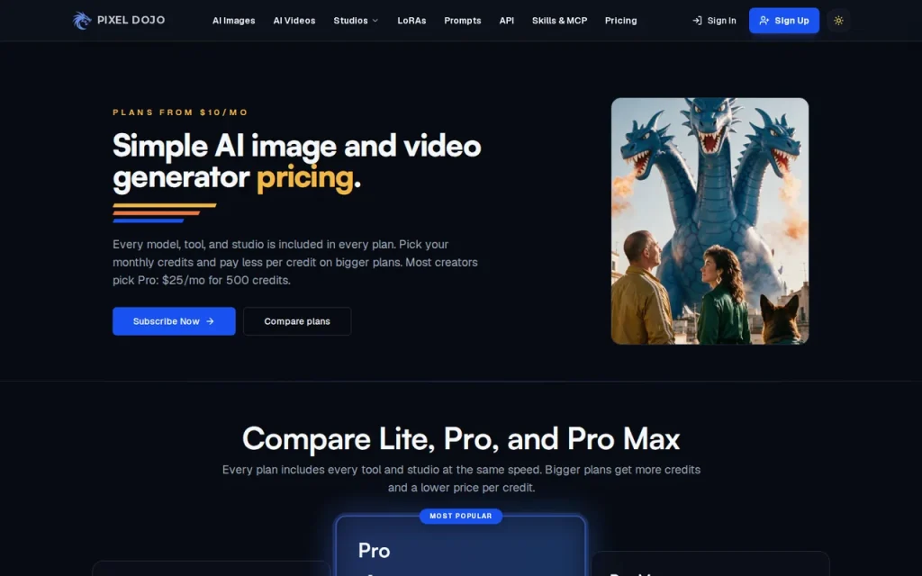 Pixel Dojo official pricing page screenshot with plan names