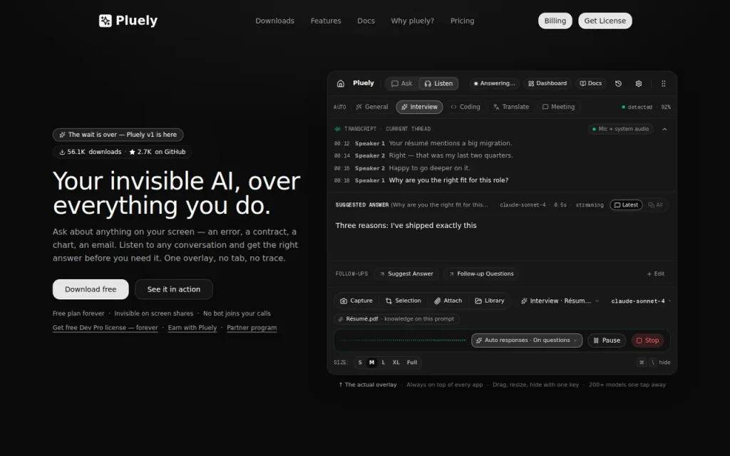 Pluely homepage screenshot showing the official landing page