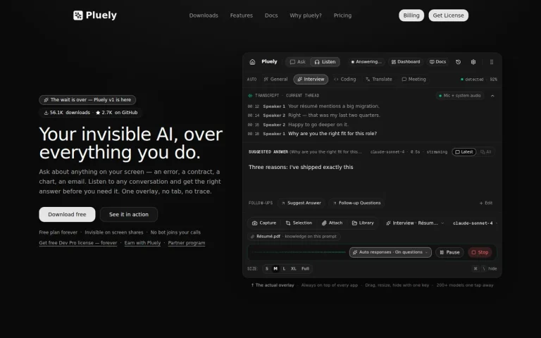 Pluely homepage screenshot showing the official landing page