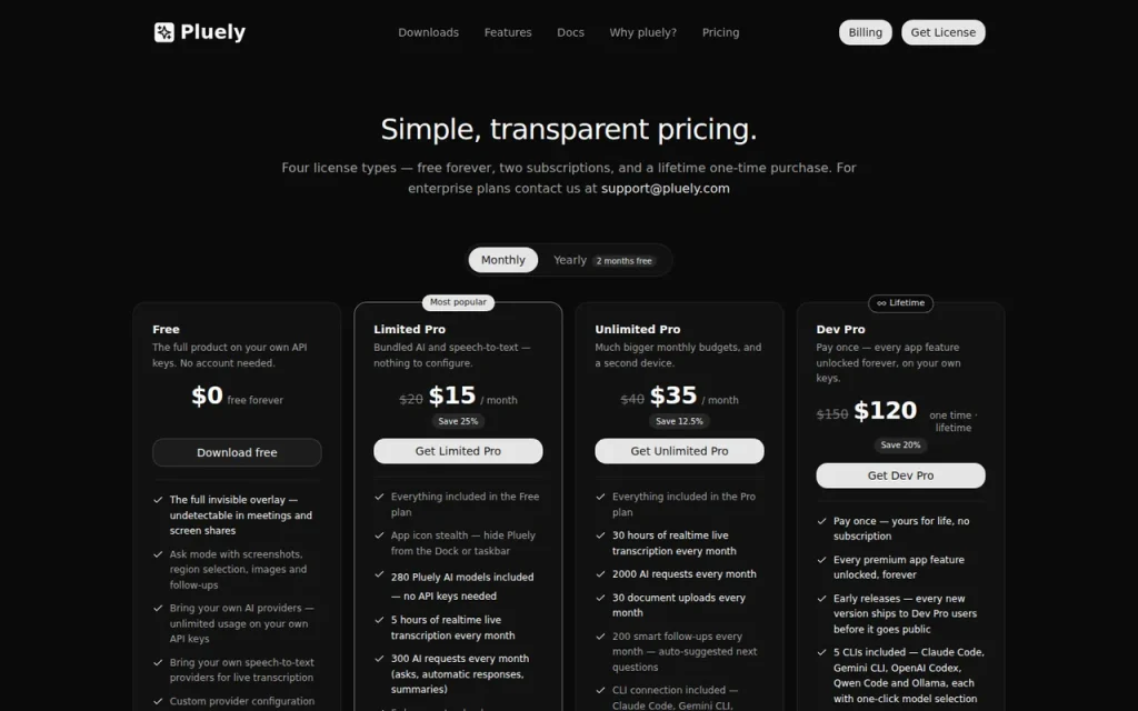 Pluely official pricing page screenshot with plan names