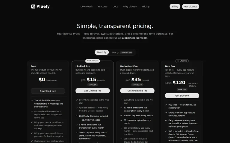 Pluely official pricing page screenshot with plan names