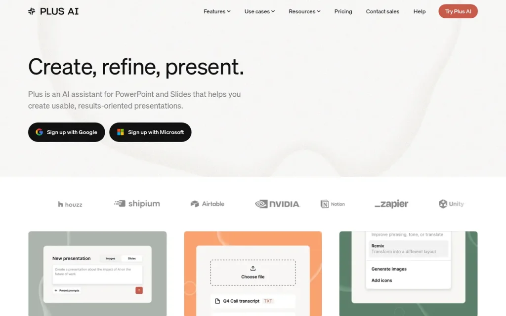 Plus AI homepage with sign-up buttons for Google and Microsoft accounts