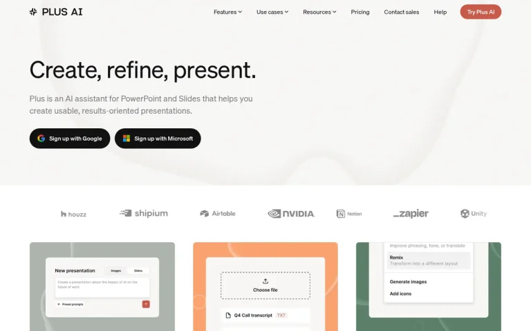 Plus AI homepage with sign-up buttons for Google and Microsoft accounts
