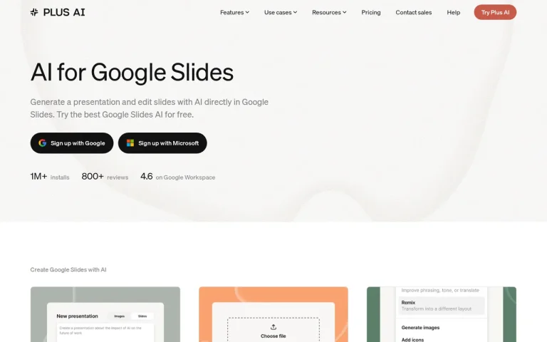 Plus AI Google Slides add-on page showing the New presentation, upload and Remix panels
