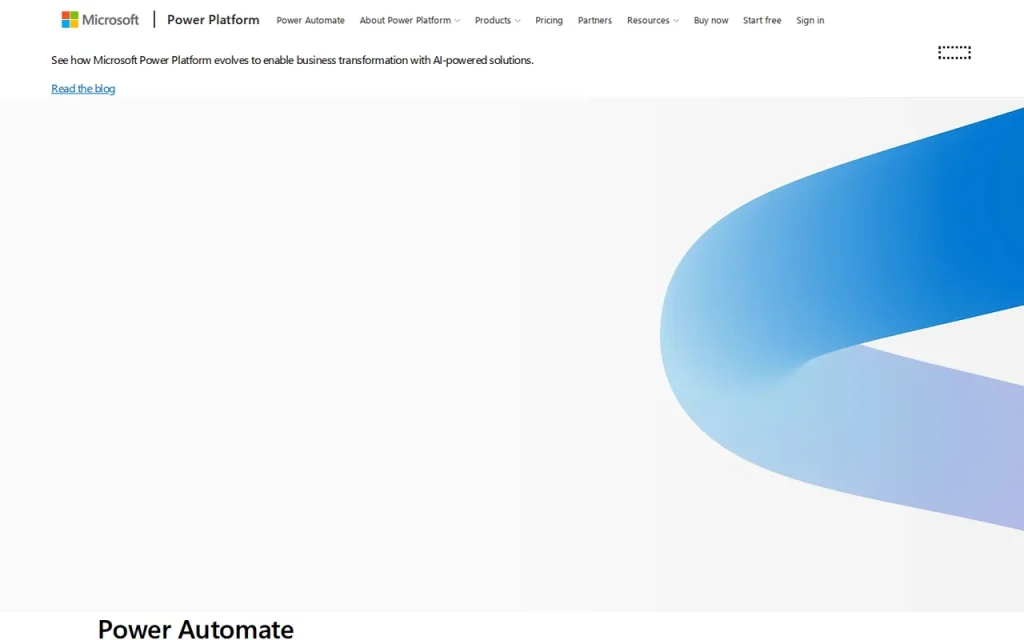 Microsoft Power Automate product page with the Power Platform menu and the Power Automate title
