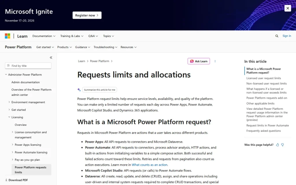 Microsoft Learn page titled Requests limits and allocations explaining what counts as a Power Platform request