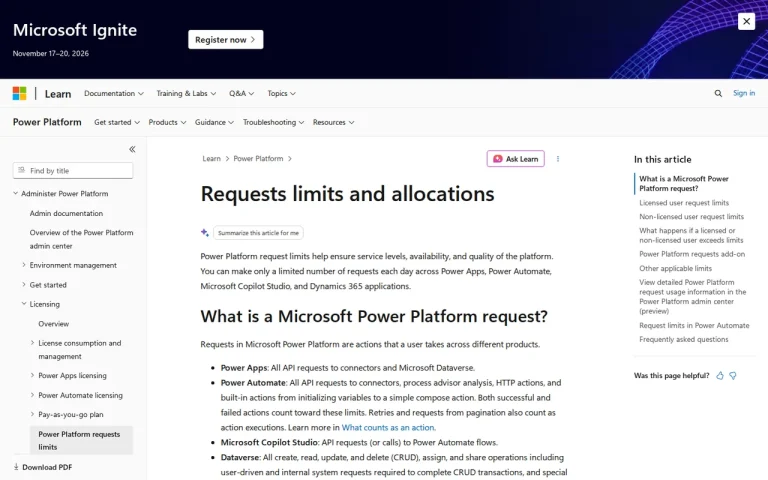 Microsoft Learn page titled Requests limits and allocations explaining what counts as a Power Platform request