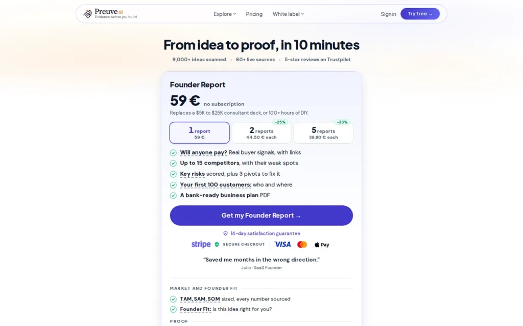 Preuve AI official pricing page screenshot with plan names