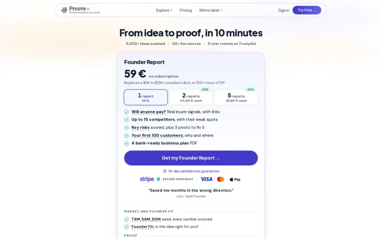 Preuve AI official pricing page screenshot with plan names