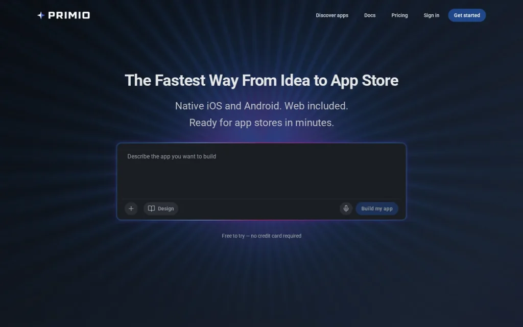Primio homepage screenshot showing the official landing page