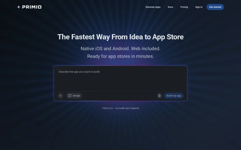 Primio homepage screenshot showing the official landing page