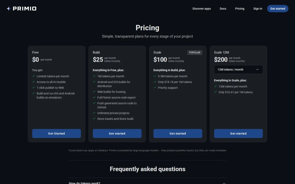 Primio official pricing page screenshot with plan names