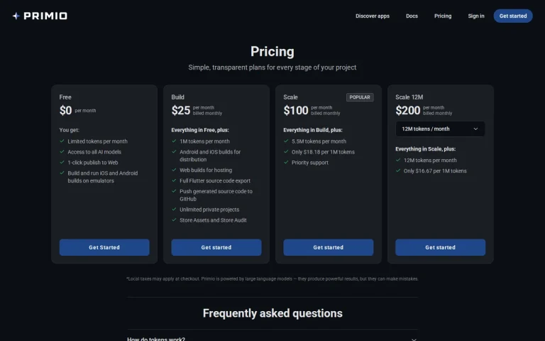 Primio official pricing page screenshot with plan names