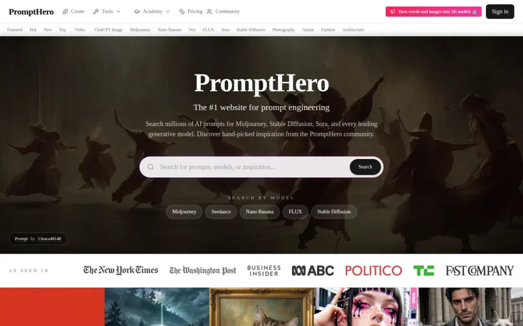 PromptHero homepage screenshot showing the official landing page