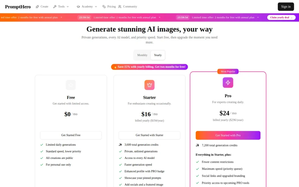 PromptHero official pricing page screenshot with plan names