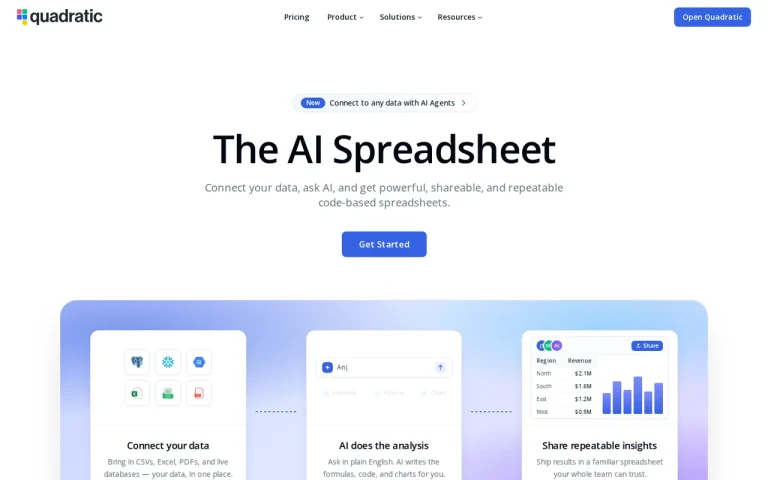 Quadratic homepage headline "The AI Spreadsheet" with connect, analyze and share panels