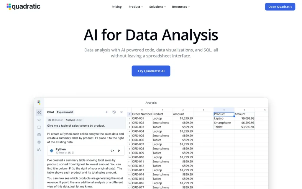 Quadratic AI for Data Analysis page with an AI chat panel beside a spreadsheet of sales rows