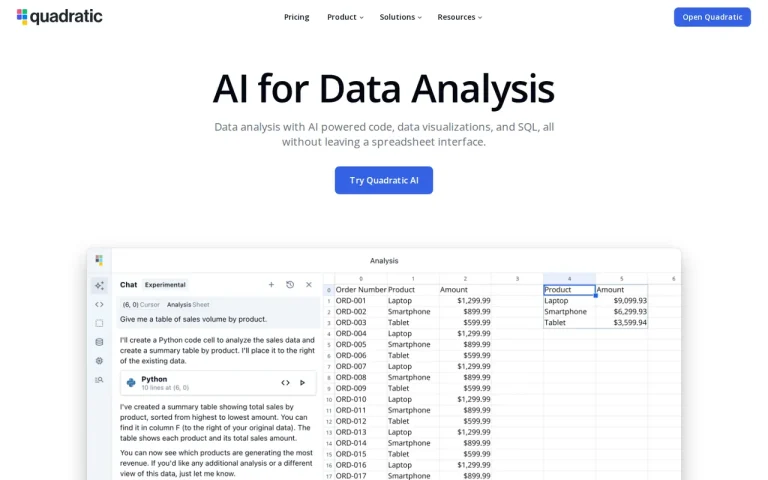 Quadratic AI for Data Analysis page with an AI chat panel beside a spreadsheet of sales rows
