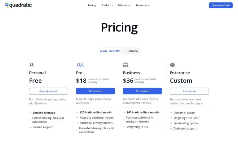 Quadratic pricing page, yearly view: Personal Free, Pro $18, Business $36 per user and Enterprise Custom