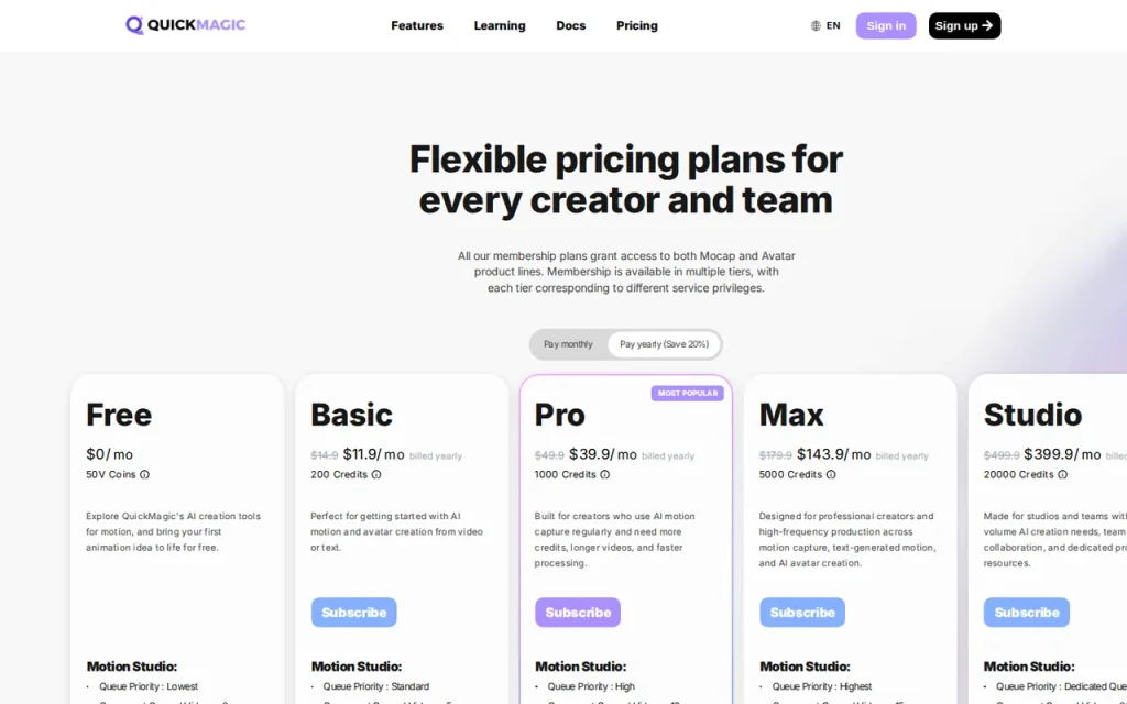 QuickMagic official pricing page screenshot with plan names