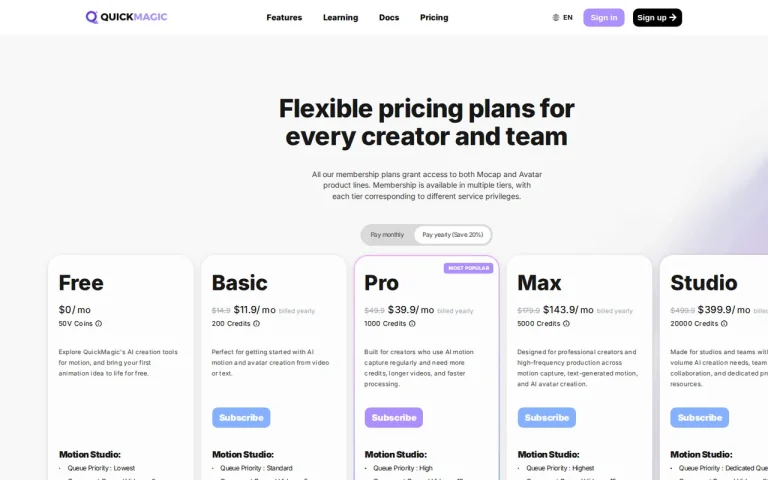 QuickMagic official pricing page screenshot with plan names