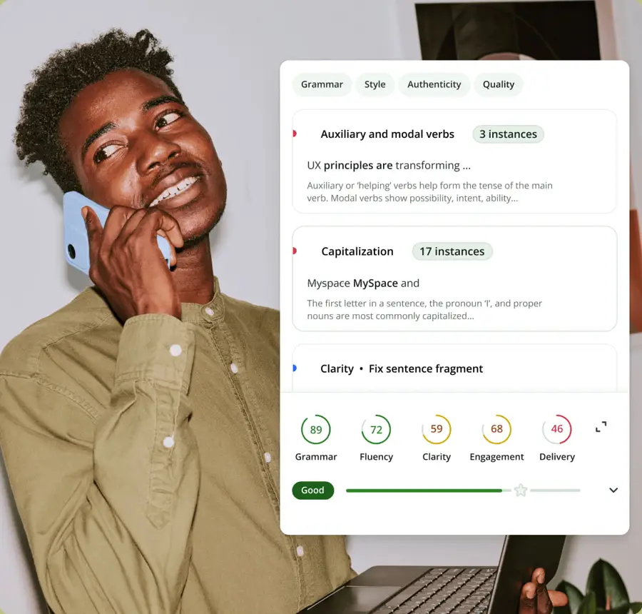 QuillBot-published image of its writing suggestions panel listing grammar, capitalization and clarity issues with Grammar, Fluency, Clarity, Engagement and Delivery checks