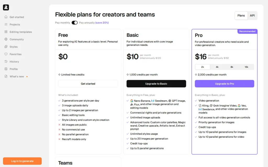 Recraft official pricing page screenshot with plan names