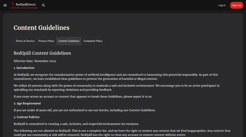 RedQuill Content Guidelines page showing the introduction, age requirement and content policy sections