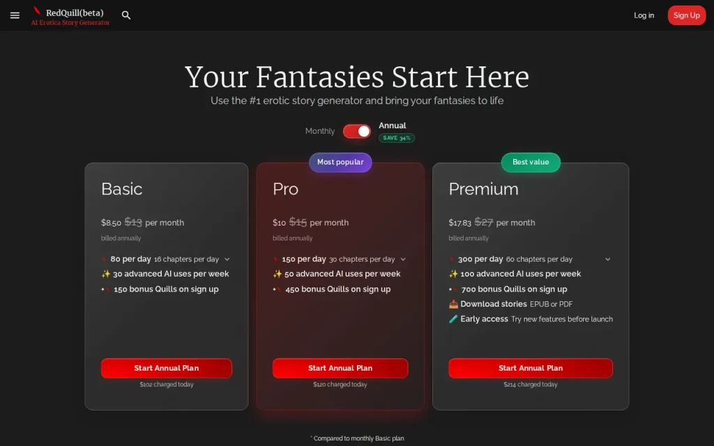 RedQuill official pricing page screenshot with plan names