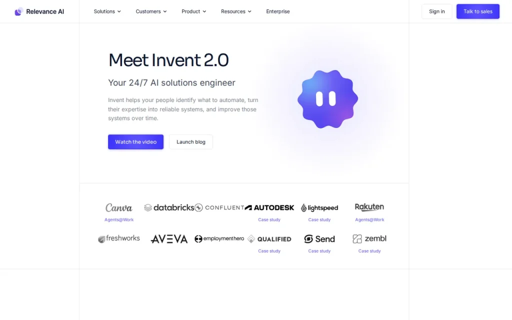 Relevance AI homepage with the headline Meet Invent 2.0 and a row of customer logos