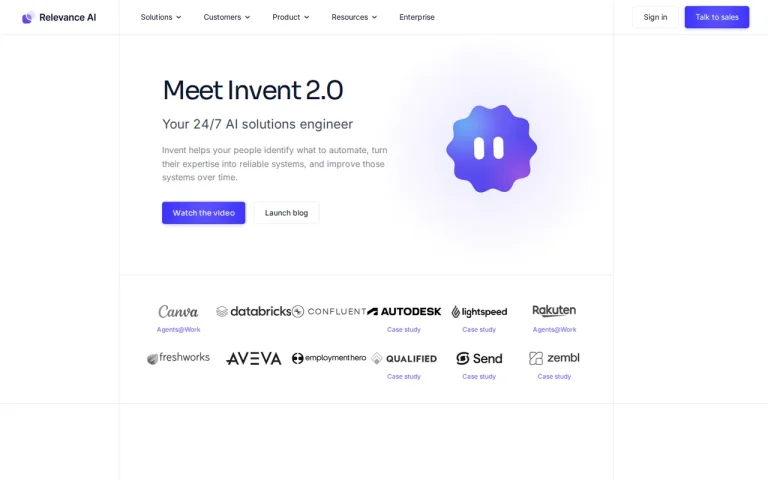 Relevance AI homepage with the headline Meet Invent 2.0 and a row of customer logos