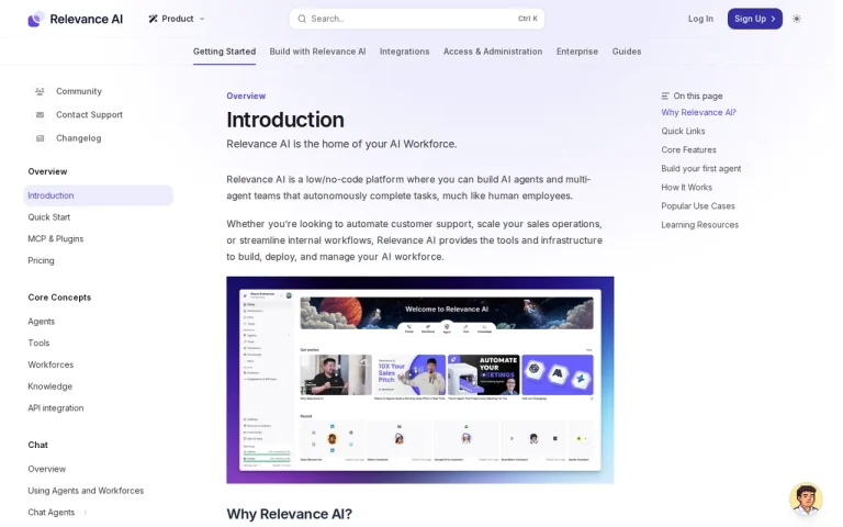 Relevance AI documentation introduction page describing a low-code platform for AI agents and workforces