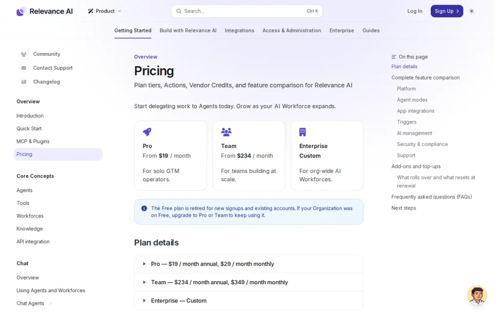 Relevance AI docs pricing page with Pro, Team and Enterprise cards and a notice that the Free plan is retired