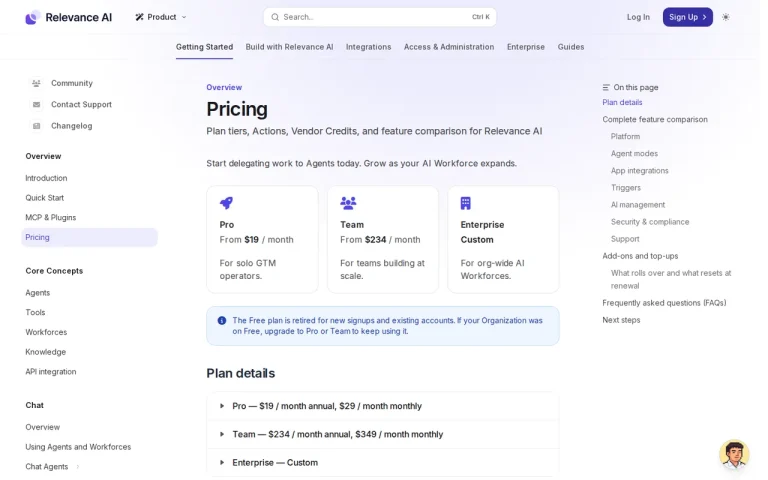 Relevance AI docs pricing page with Pro, Team and Enterprise cards and a notice that the Free plan is retired