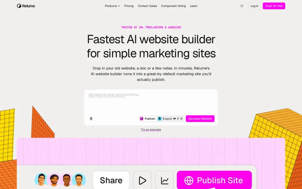 Relume homepage with the headline Fastest AI website builder for simple marketing sites and a prompt box