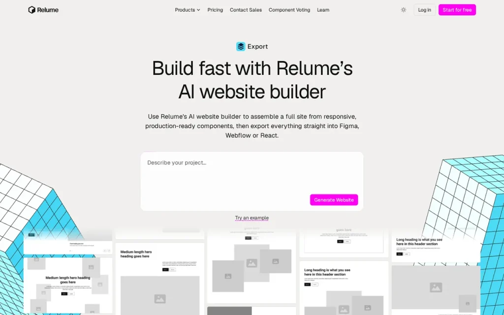 Relume Export page with the headline Build fast with Relume AI website builder and wireframe component previews