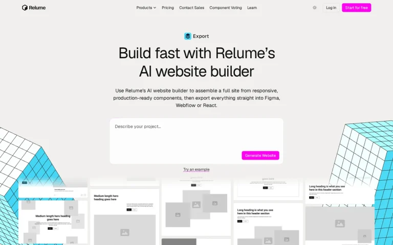 Relume Export page with the headline Build fast with Relume AI website builder and wireframe component previews