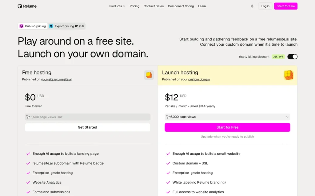 Relume pricing page Publish tab with Free hosting at $0 and Launch hosting at $12 per site a month for 6,000 page views