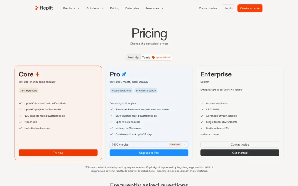 Replit official pricing page screenshot with plan names