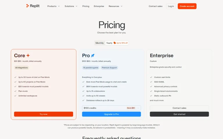 Replit official pricing page screenshot with plan names