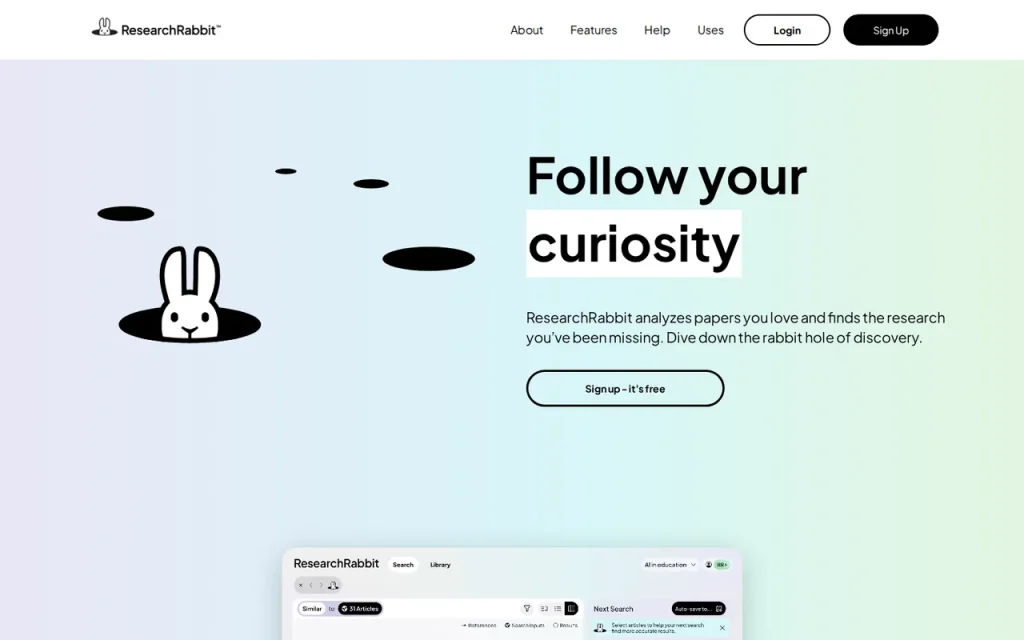 ResearchRabbit homepage headed Follow your curiosity, with a sign-up button and a preview of the search interface