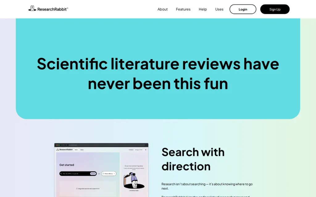 ResearchRabbit features page headed Search with direction, beside a screenshot of the Get started search screen