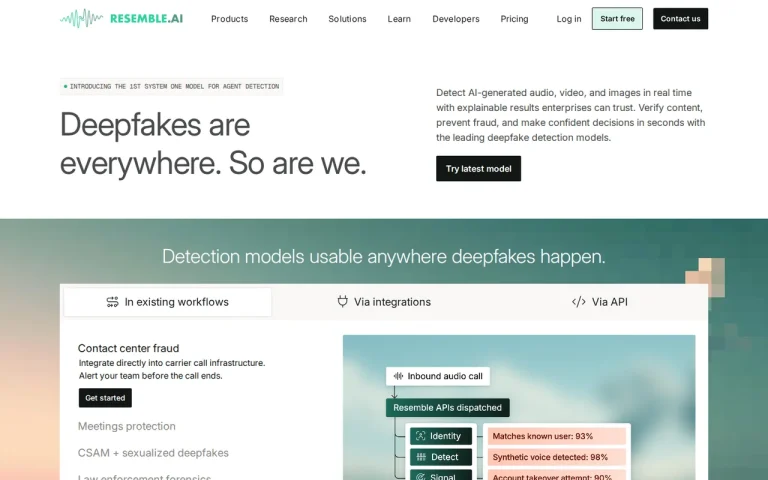 Resemble AI homepage screenshot showing the official landing page