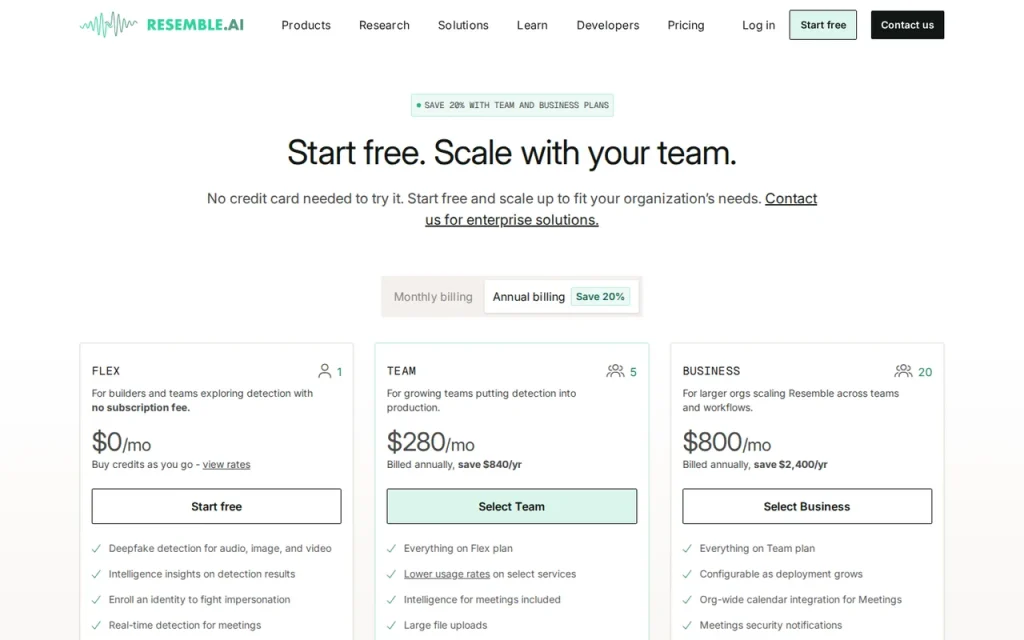 Resemble AI official pricing page screenshot with plan names