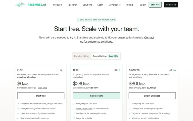 Resemble AI official pricing page screenshot with plan names