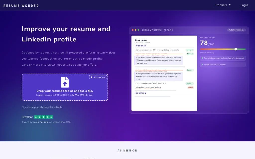 Resume Worded homepage screenshot showing the official landing page