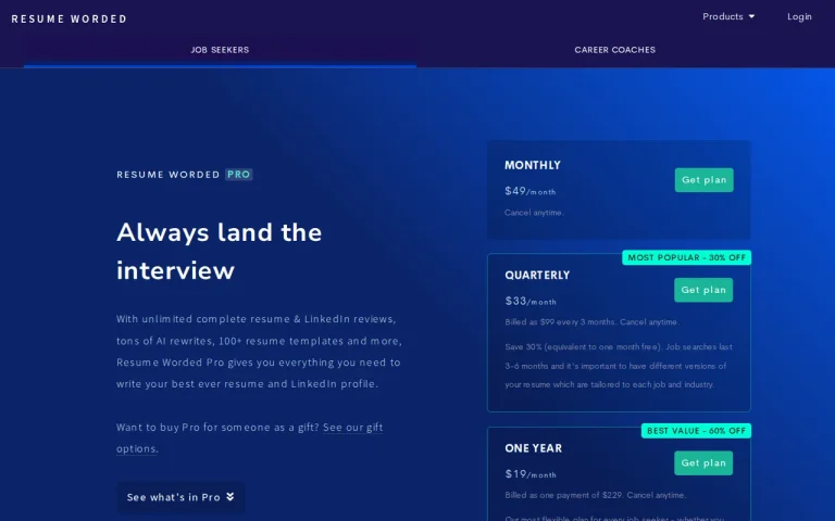 Resume Worded official pricing page screenshot with plan names