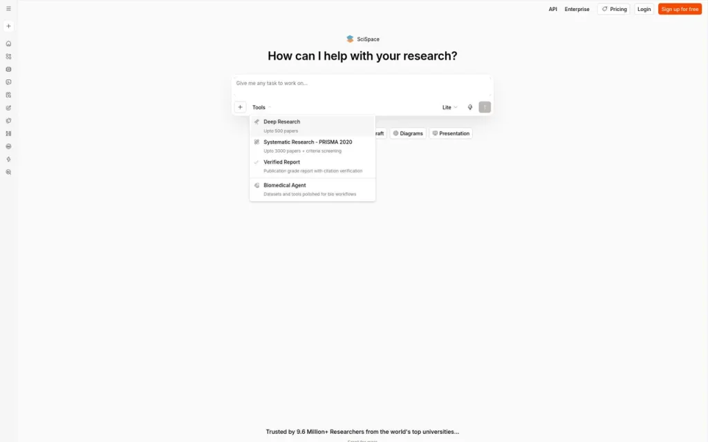 SciSpace homepage screenshot showing the research question box and Agent task menu