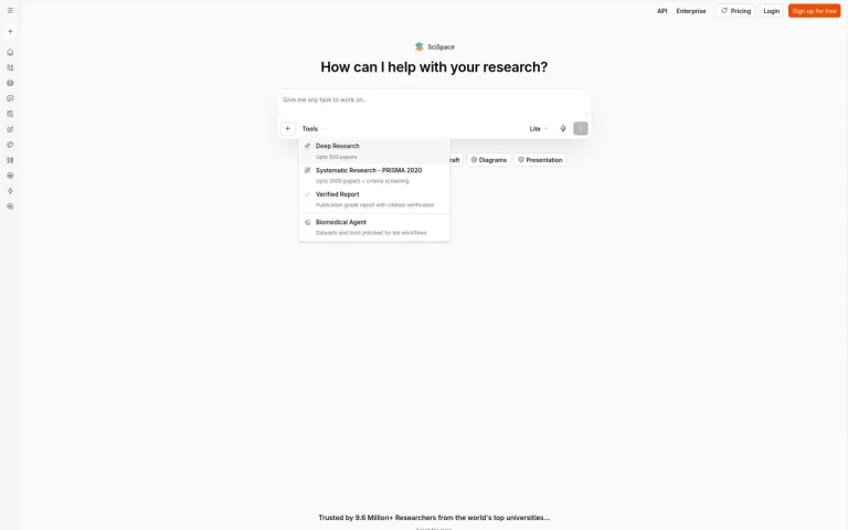 SciSpace homepage screenshot showing the research question box and Agent task menu