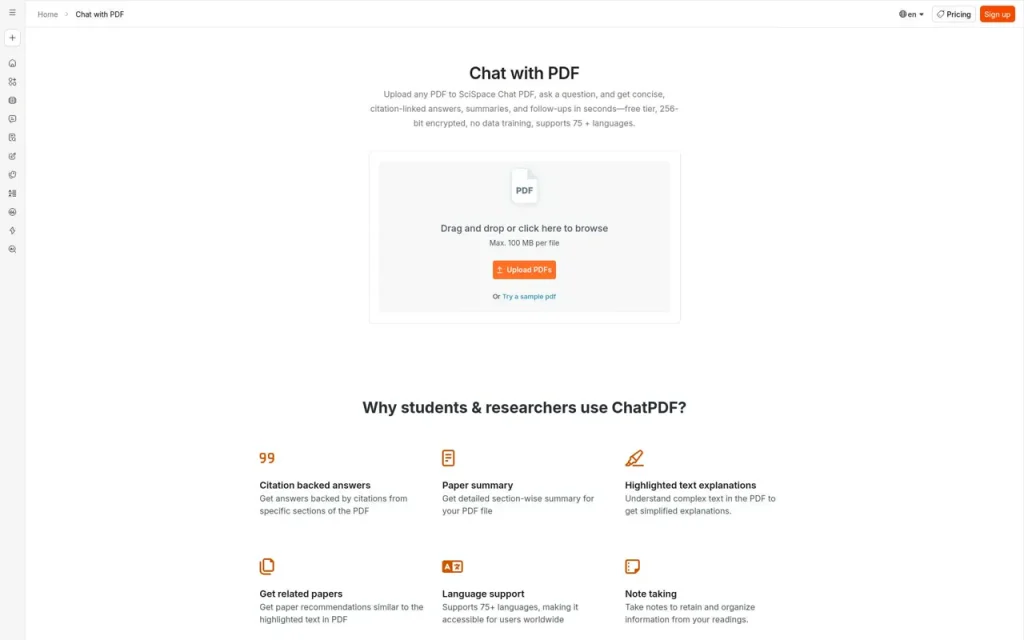 SciSpace Chat PDF page screenshot showing the PDF upload box and feature list